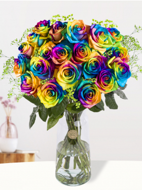 Rainbow roses with green gypsophila