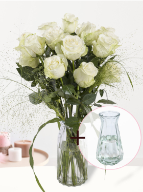 White rose bouquet + panicum + vase